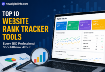 Top 10 website rank tracker tools dashboard showing SEO keyword rankings, visibility metrics, competitor analysis, and performance tracking on a laptop screen.