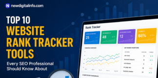 Top 10 website rank tracker tools dashboard showing SEO keyword rankings, visibility metrics, competitor analysis, and performance tracking on a laptop screen.