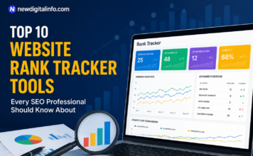 Top 10 website rank tracker tools dashboard showing SEO keyword rankings, visibility metrics, competitor analysis, and performance tracking on a laptop screen.