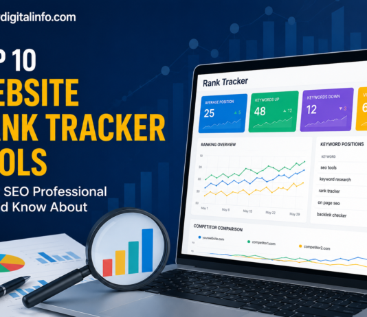Top 10 website rank tracker tools dashboard showing SEO keyword rankings, visibility metrics, competitor analysis, and performance tracking on a laptop screen.
